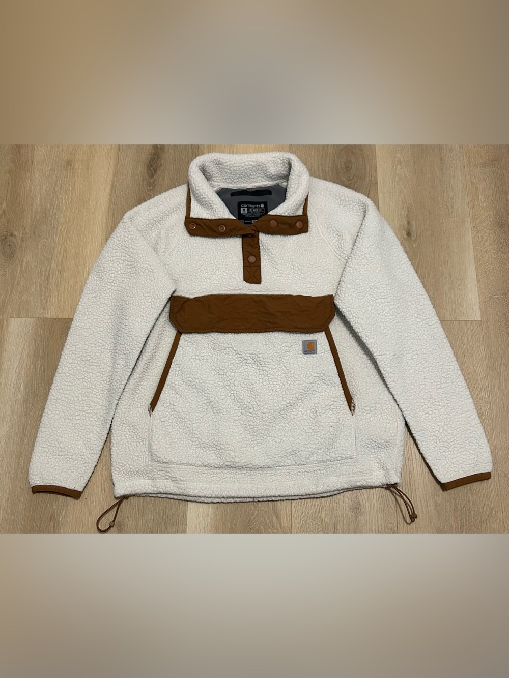 Carhartt Men’s White Sherpa Zip Pullover with Brown Accents